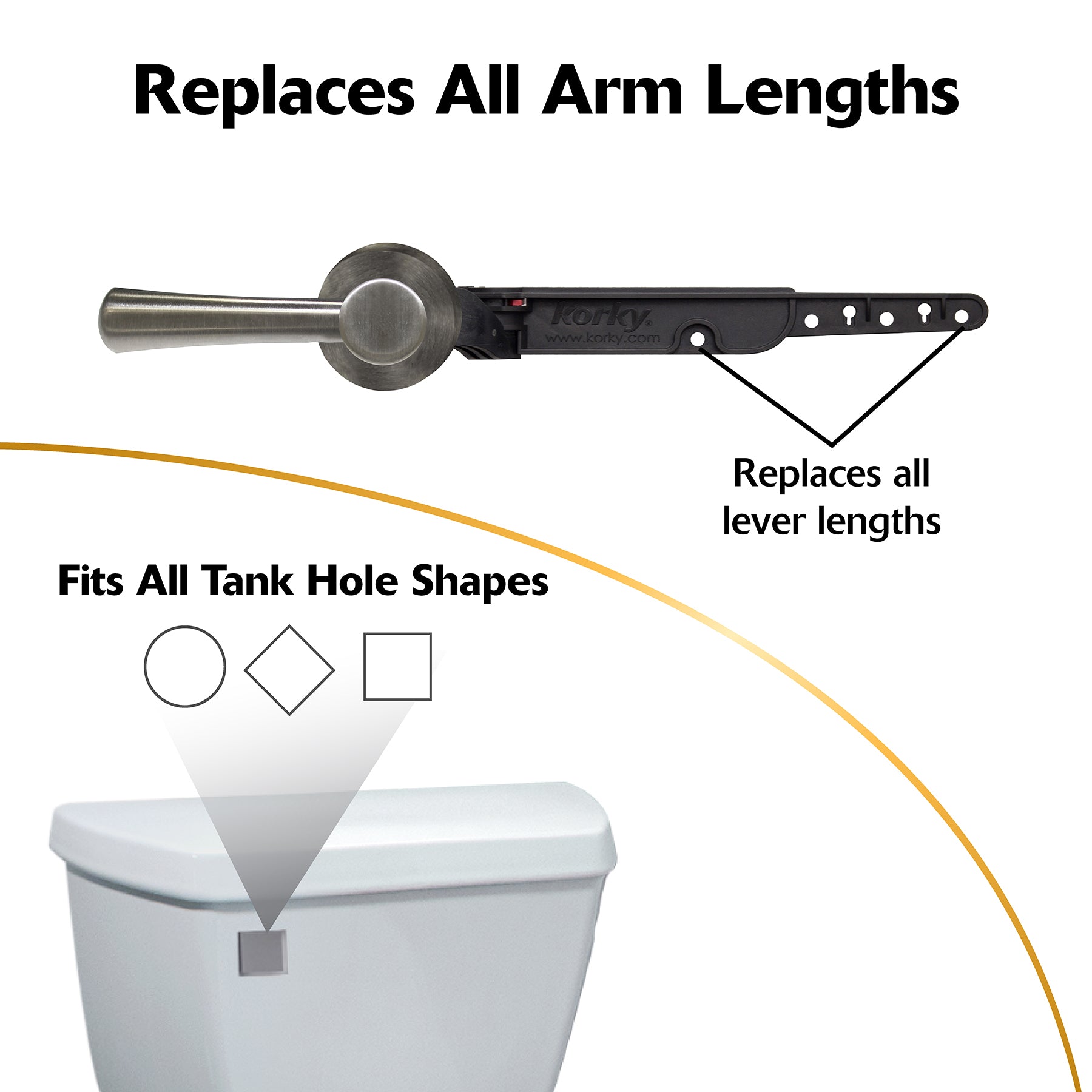 Brushed nickel toilet handle lever with black mounting bracket and adjustment holes for universal tank installation.