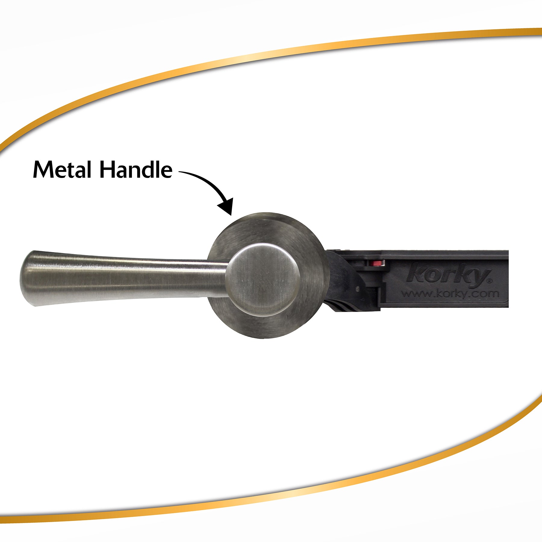 Brushed nickel toilet handle lever with tapered metal arm and circular escutcheon plate, black mounting bracket visible on ri
