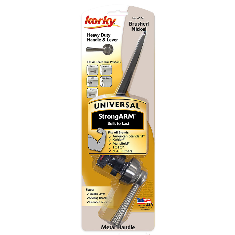 Korky StrongARM toilet handle and lever in brushed nickel finish with universal mounting hardware and installation components