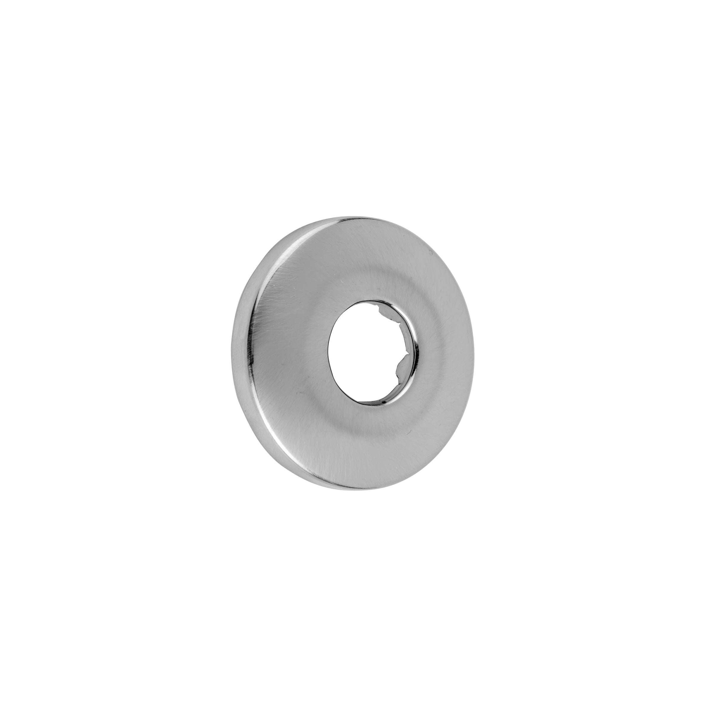 Round polished nickel escutcheon with center hole for pipe or valve installation.