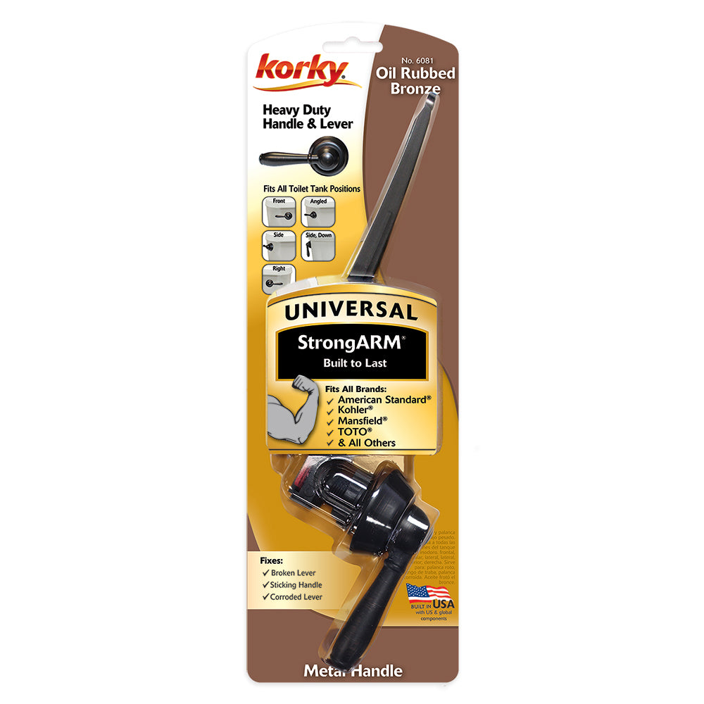Oil rubbed bronze toilet handle lever with metal construction and black grip, displayed on packaging.