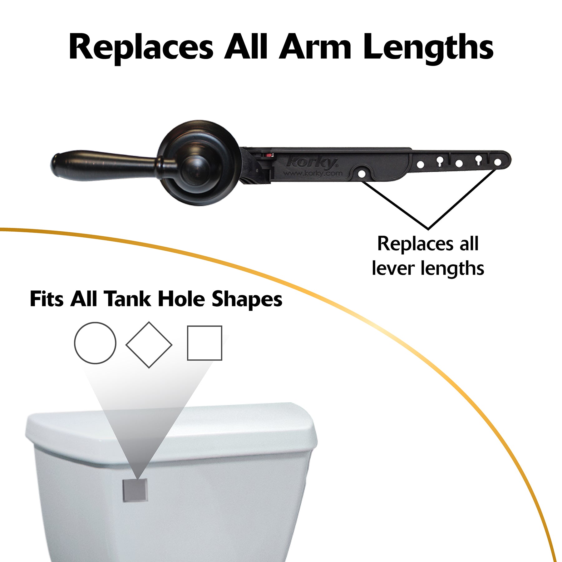 Oil rubbed bronze toilet handle lever with adjustable arm and mounting plate with multiple holes.