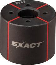 Black cylindrical die with red trim lines and mounting holes, marked EXACT on the side.