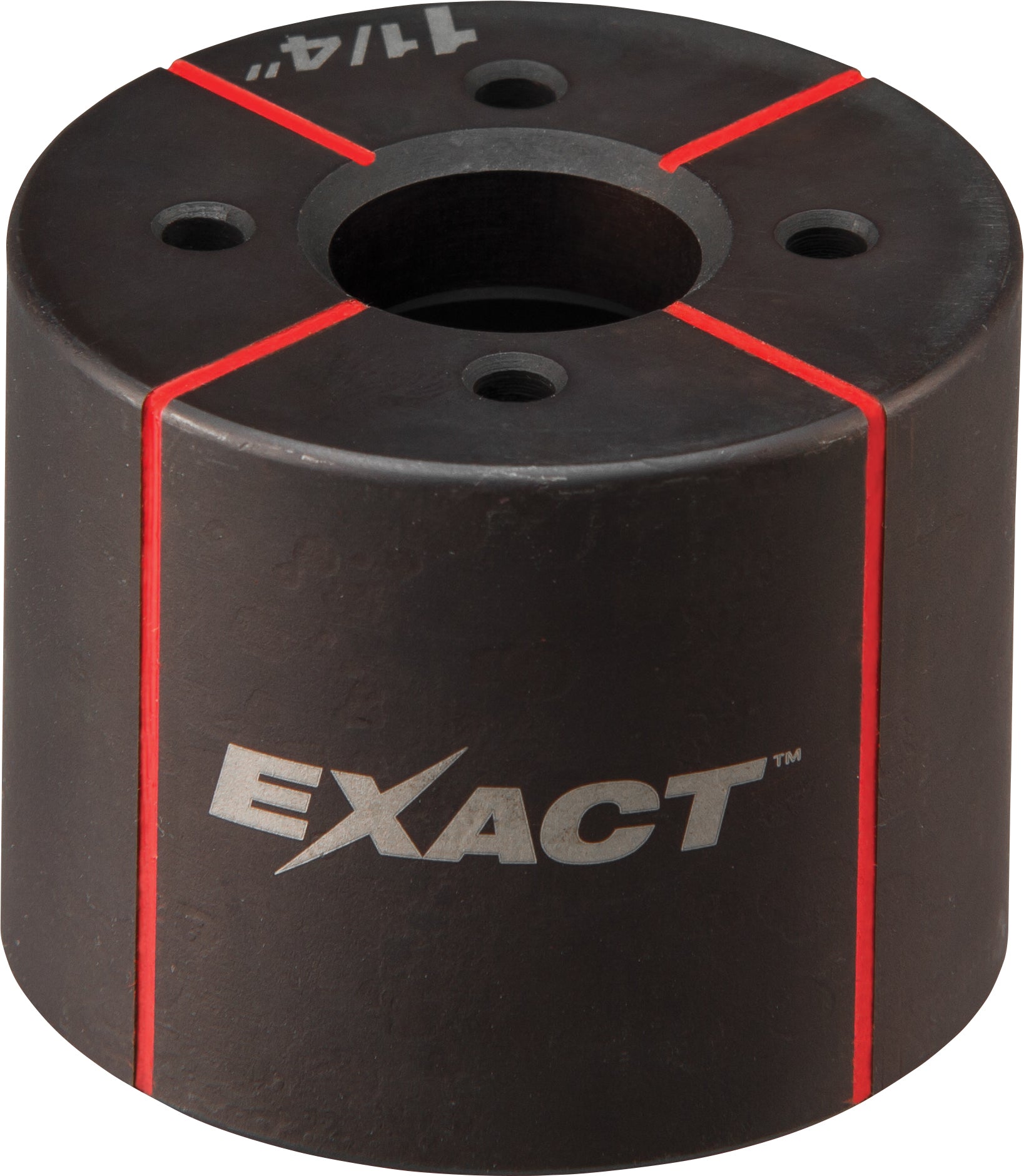 Black cylindrical die with red trim lines and mounting holes, marked EXACT on the side.