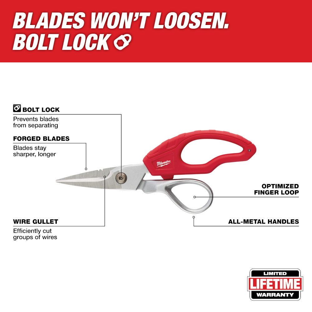 Milwaukee cable splicer's shears with red handles, metal finger loop, forged blades, and wire gullet.