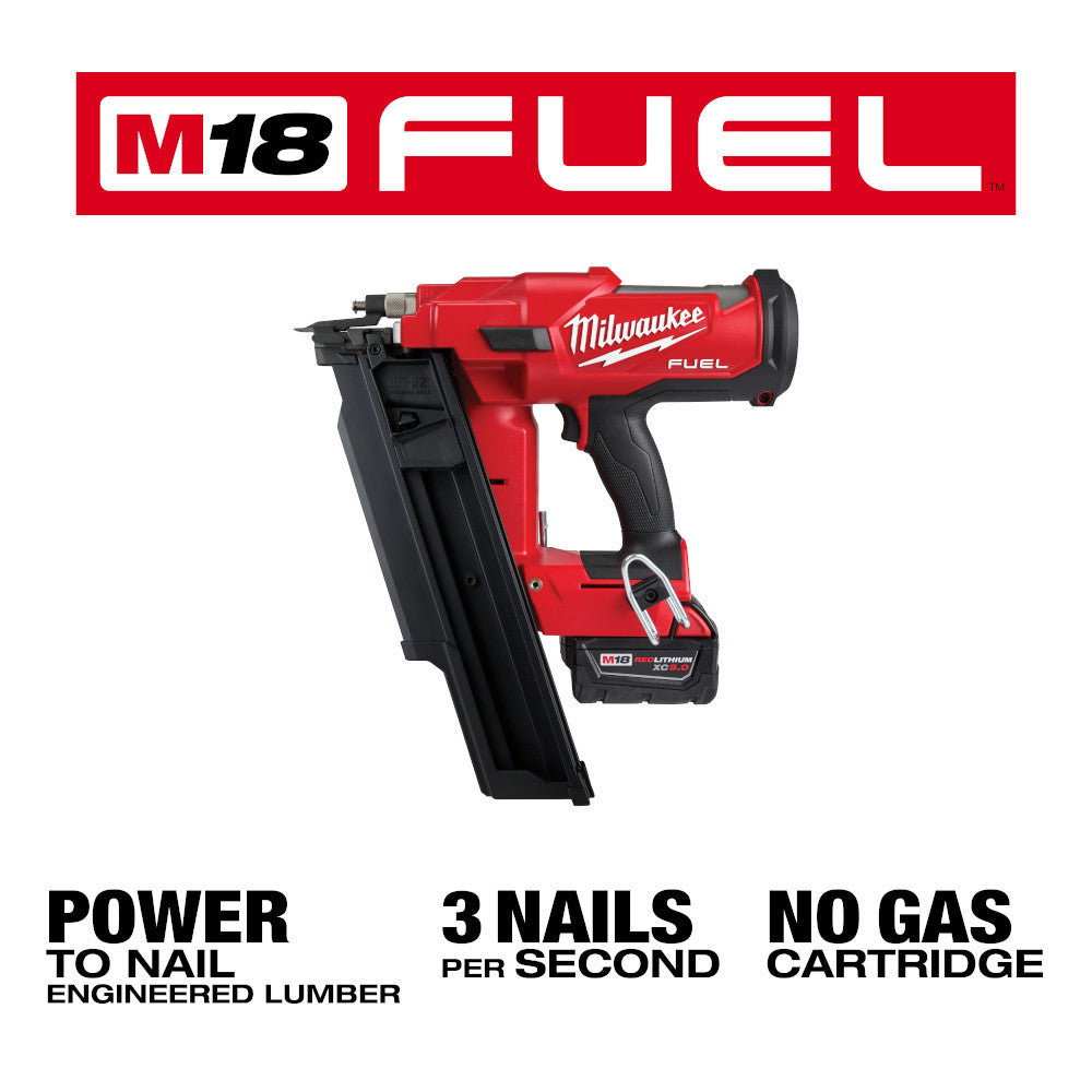 Red and black Milwaukee M18 FUEL 21-degree framing nailer with battery pack attached.