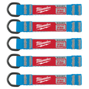 Five blue web attachments with black D-rings, gray reflective strips, and red Milwaukee labels rated 2lbs capacity.