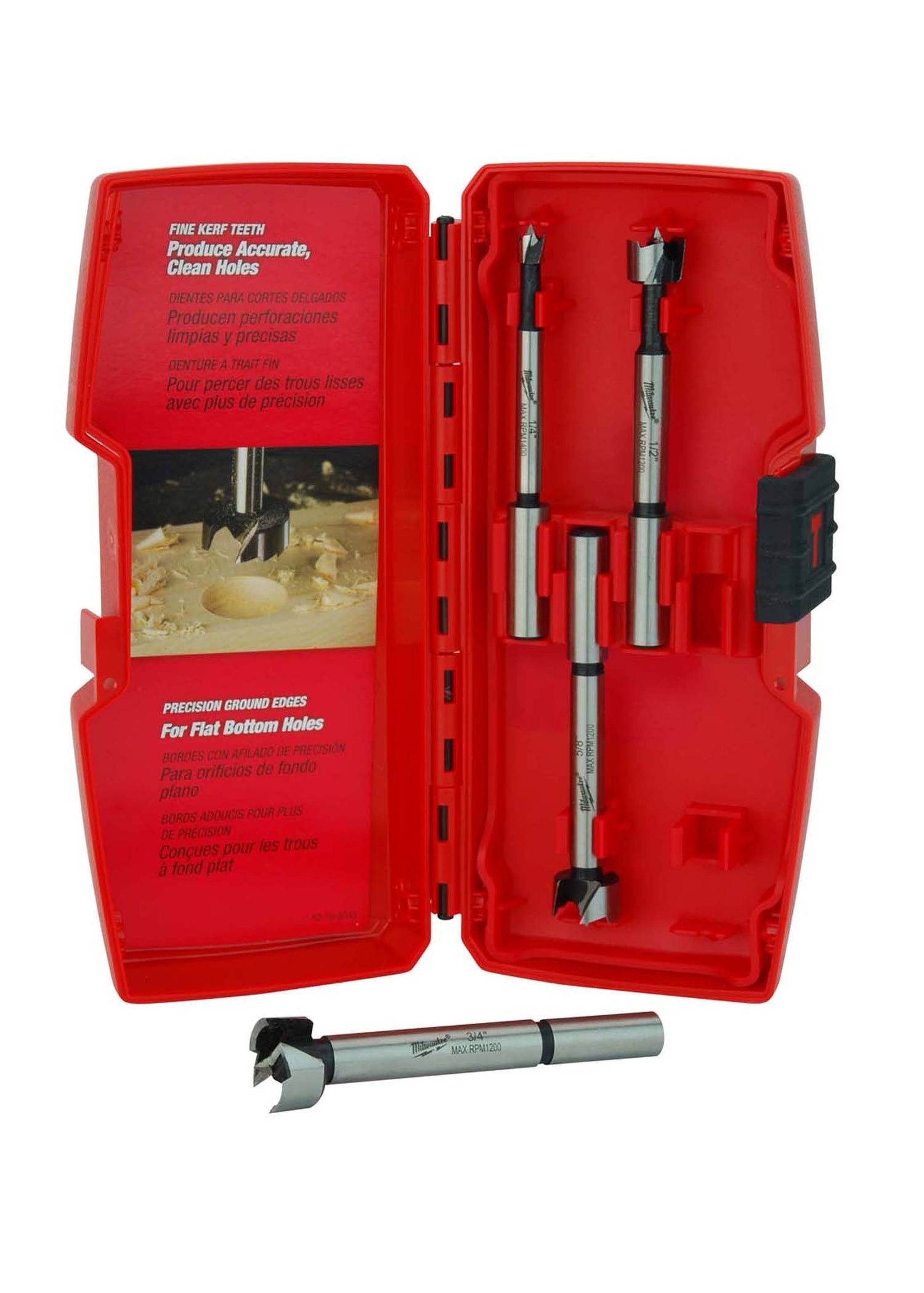 Four Milwaukee Forstner bits with metal shafts in open red case, one bit displayed separately below.