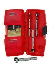 Four Milwaukee Forstner bits with metal shafts in open red case, one bit displayed separately below.