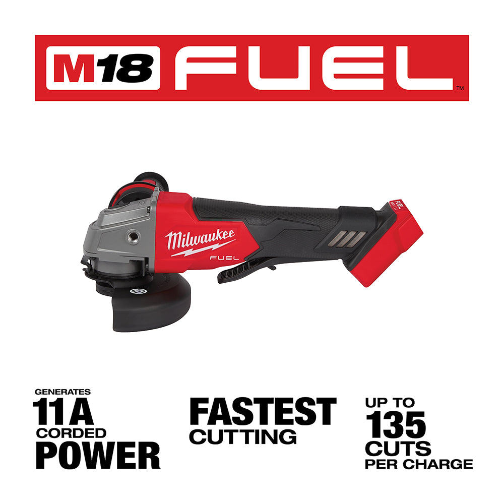Milwaukee M18 FUEL angle grinder with red and black housing, paddle switch, and grinding wheel attachment.