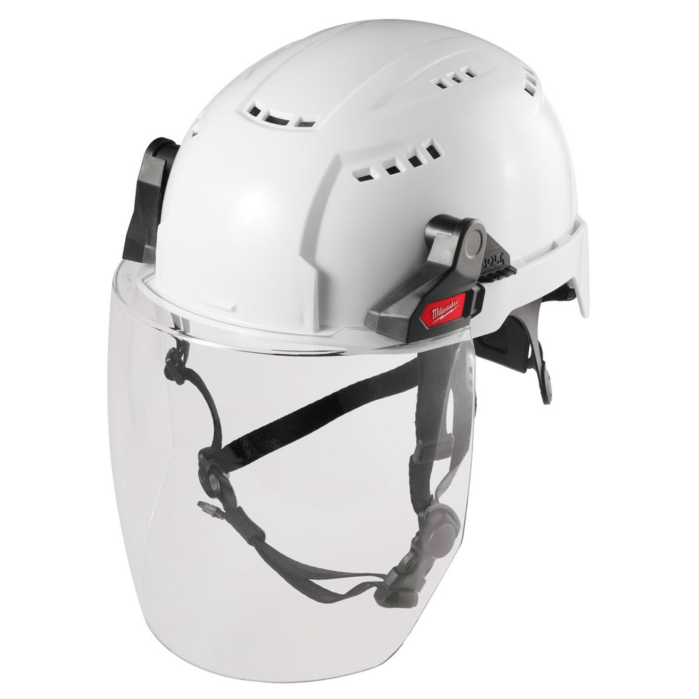 White safety helmet with clear full face shield, black chin strap and side adjustment clips, Milwaukee branding visible.