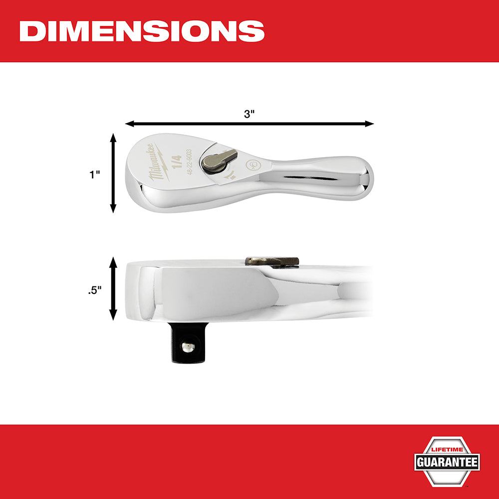 Milwaukee 1/4" drive ratchet with 3" length, shown in top and side views with dimension measurements.