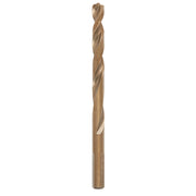 Cobalt twist drill bit with gold-colored finish and pointed tip on white background.