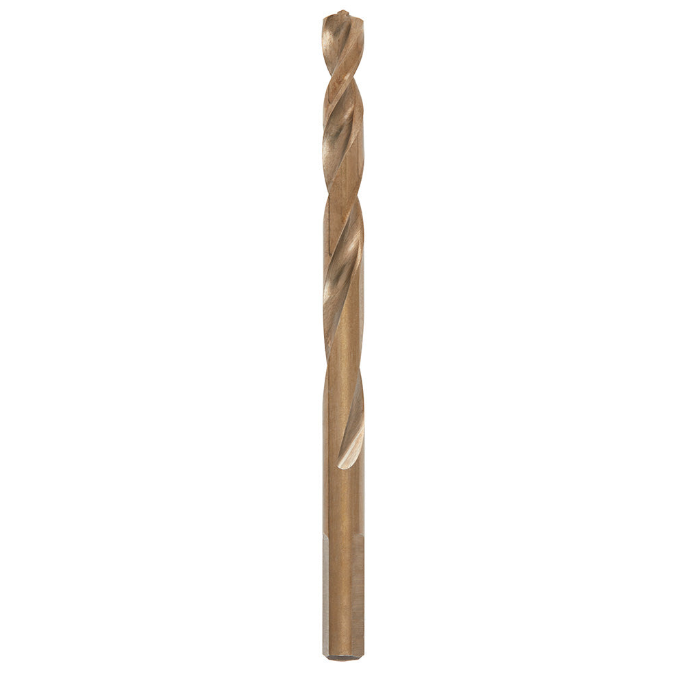 Cobalt twist drill bit with gold-colored finish and pointed tip on white background.