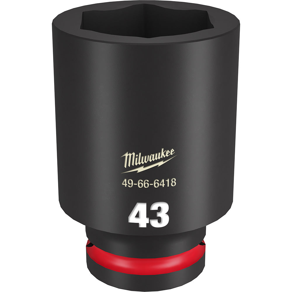 Black Milwaukee deep socket with 43MM size marking, hexagonal opening, and red grip band on base.