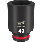 Black Milwaukee deep socket with 43MM size marking, hexagonal opening, and red grip band on base.