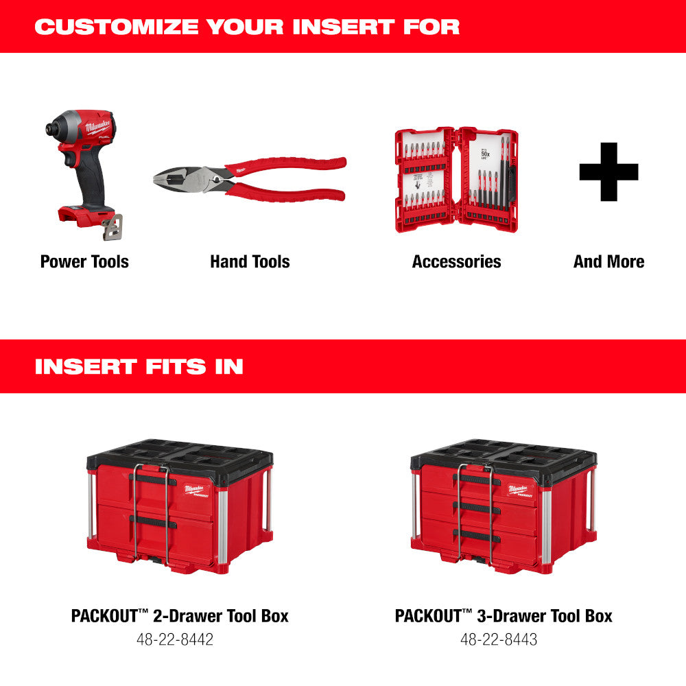 Red and black customizable foam insert with tool organization sections for Milwaukee Packout drawer tool boxes.