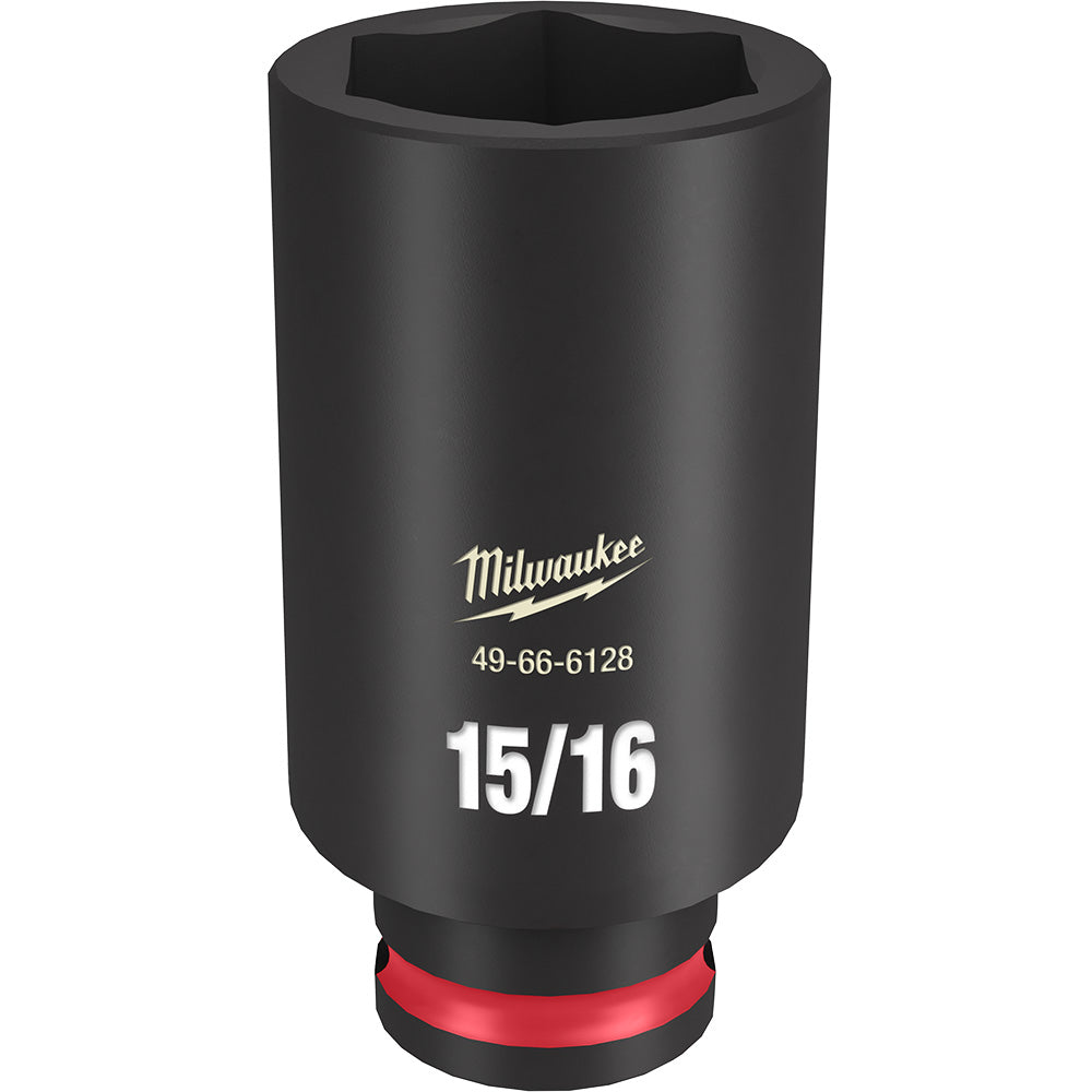 Black Milwaukee deep socket with 15/16" size marking, hexagonal opening, and red grip ring at base.