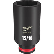 Black Milwaukee deep socket with 15/16" size marking, hexagonal opening, and red grip ring at base.