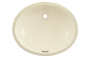 Cream-colored oval undermount bathroom sink with single faucet hole, viewed from above.