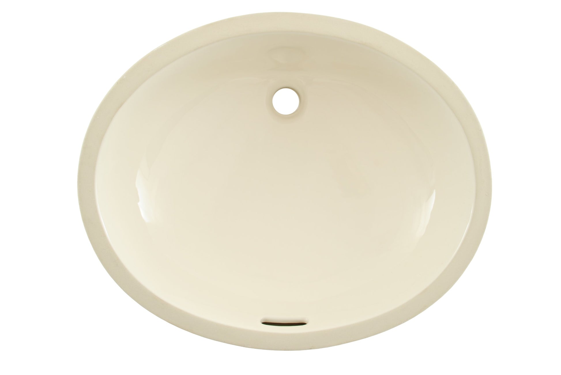 Cream-colored oval undermount bathroom sink with single faucet hole, viewed from above.