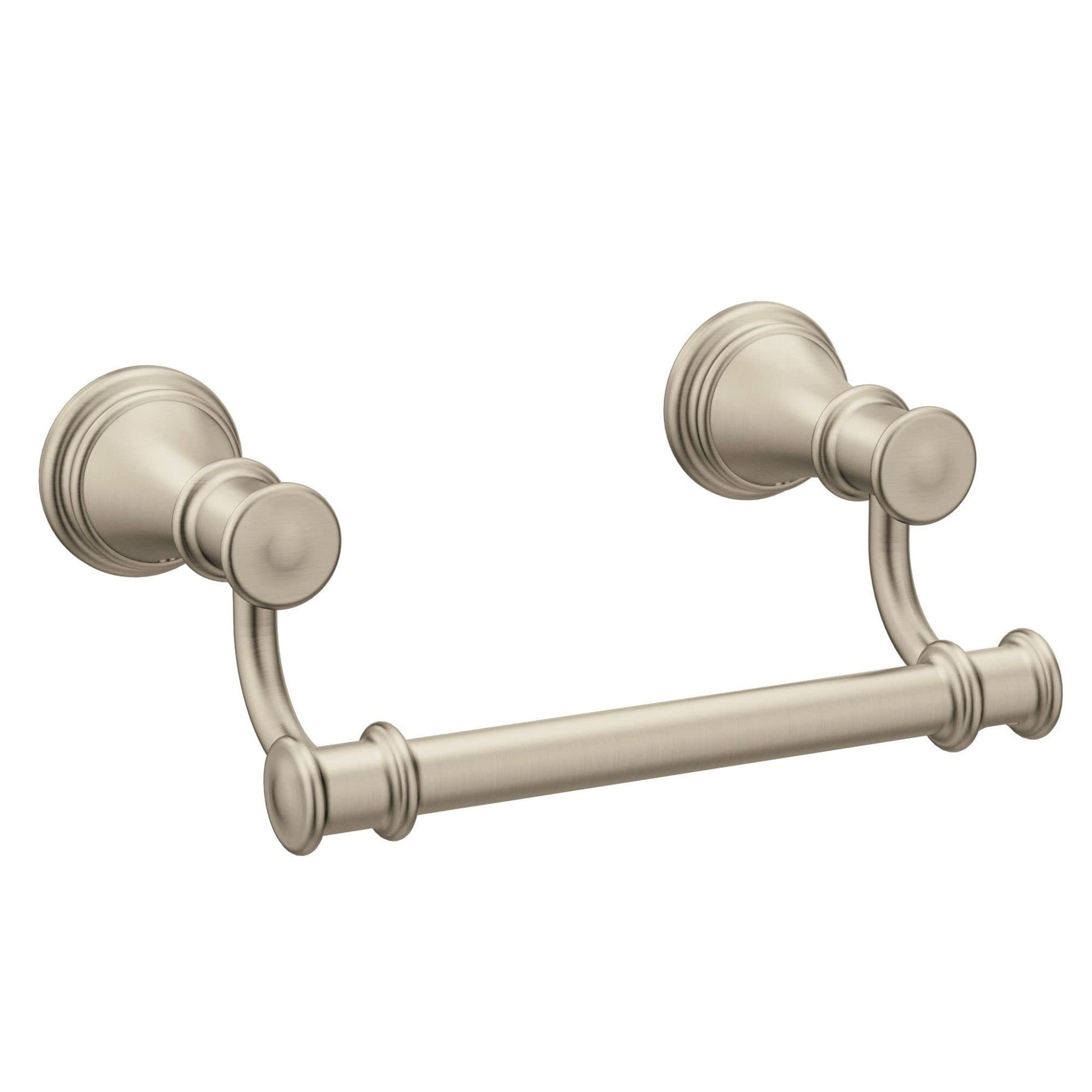Brushed nickel toilet paper holder with cylindrical wall mounts and horizontal rod bar.