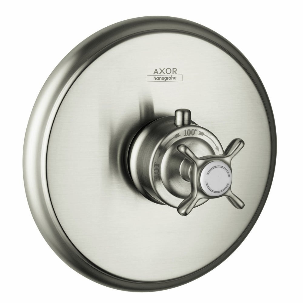 Brushed nickel thermostatic shower trim with cross handle and circular trim plate featuring 100-degree temperature dial.