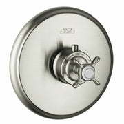 Brushed nickel thermostatic shower trim with cross handle and circular trim plate featuring 100-degree temperature dial.