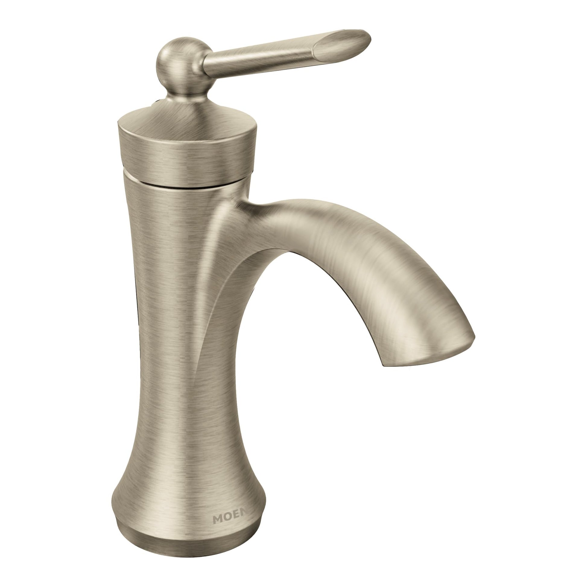 Brushed nickel single-handle bathroom faucet with high arc spout and lever handle.