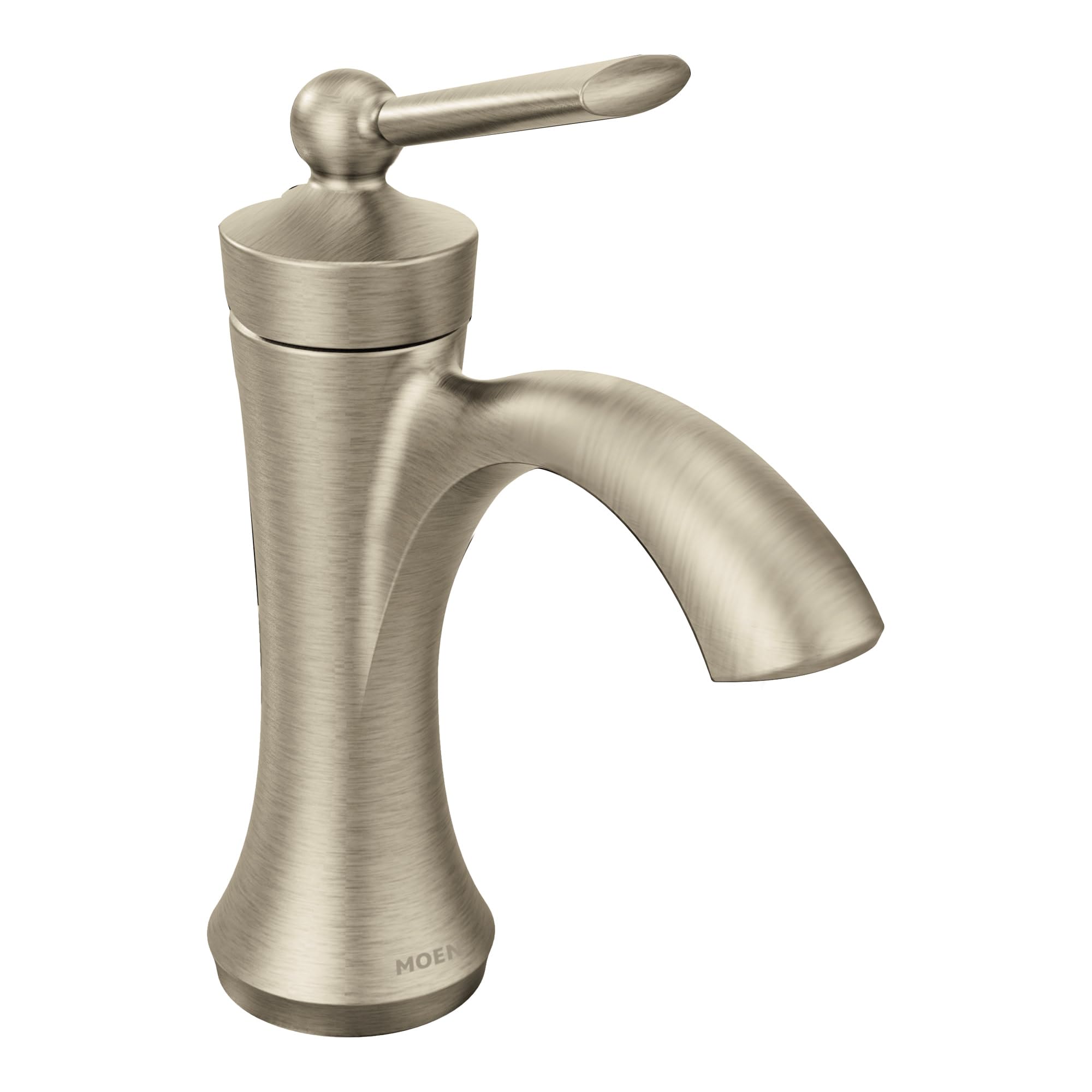 Brushed nickel single-handle bathroom faucet with high arc spout and lever handle.