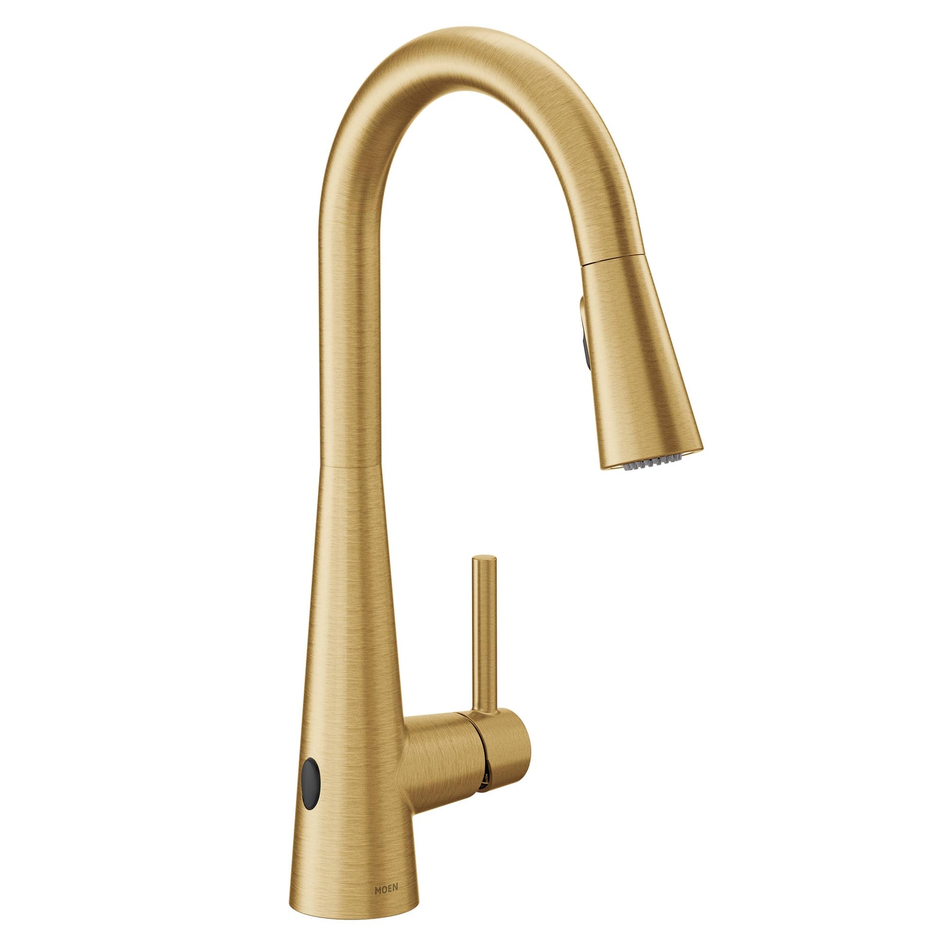 Brushed gold kitchen faucet with curved spout, single handle, and pulldown sprayer head.