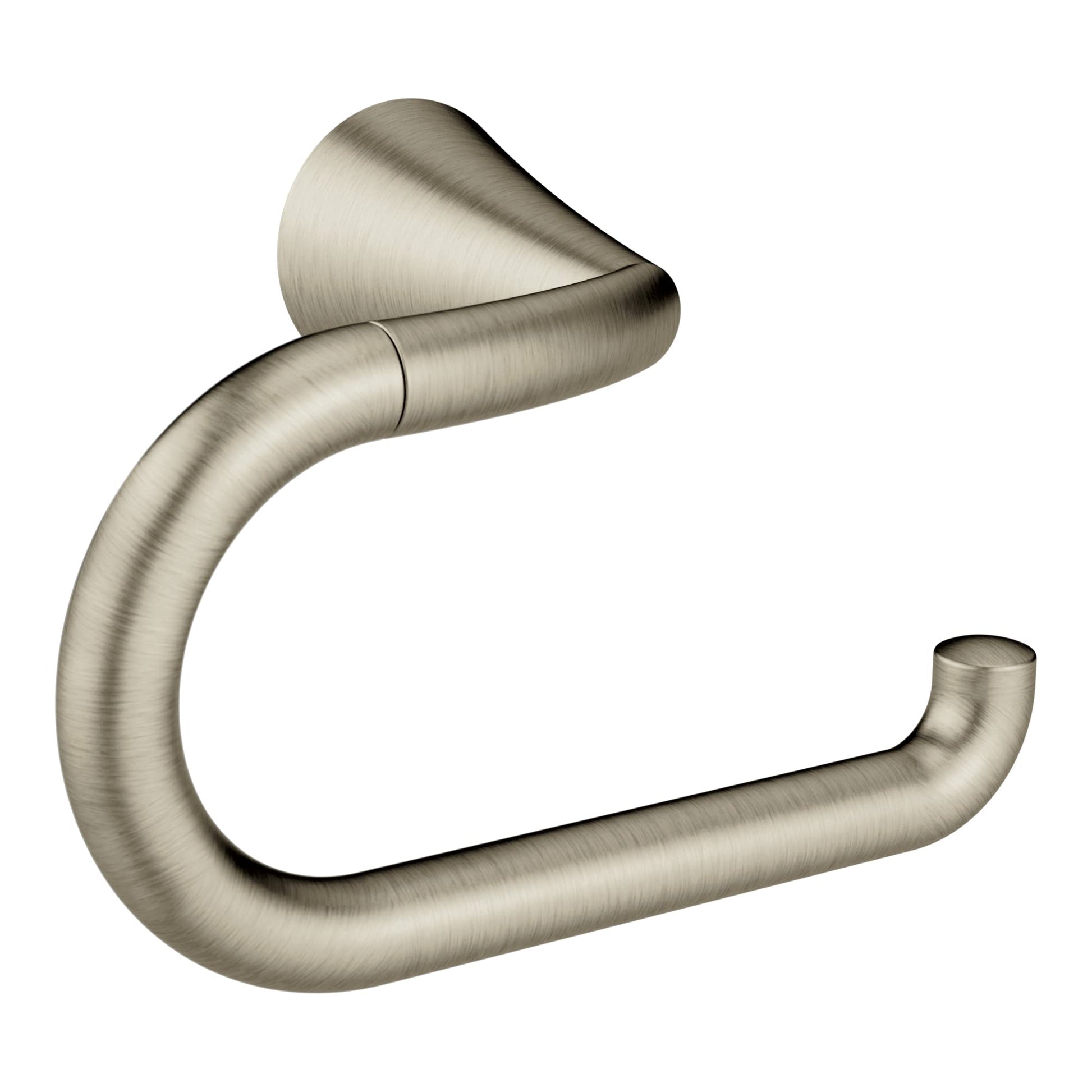 Brushed nickel curved toilet paper holder with open loop design and wall-mounted bracket.