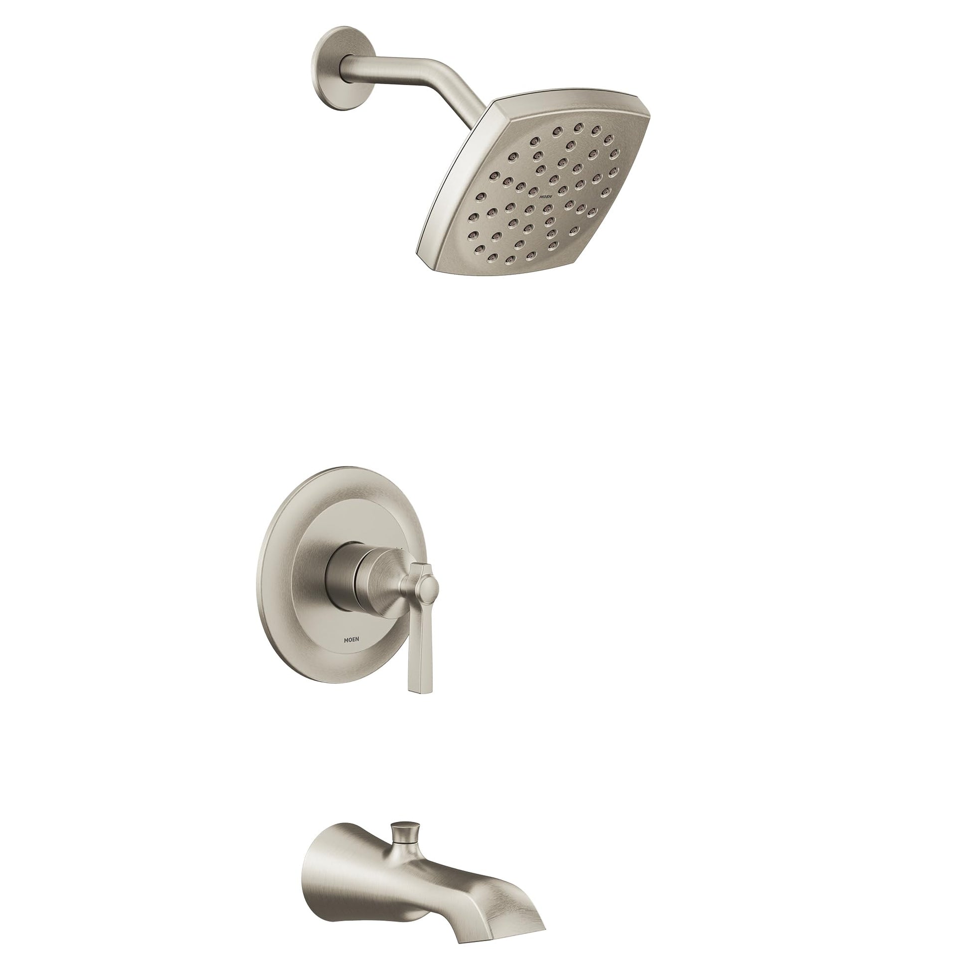 Brushed nickel tub and shower trim kit with square showerhead, curved arm, single lever handle, and tub spout.