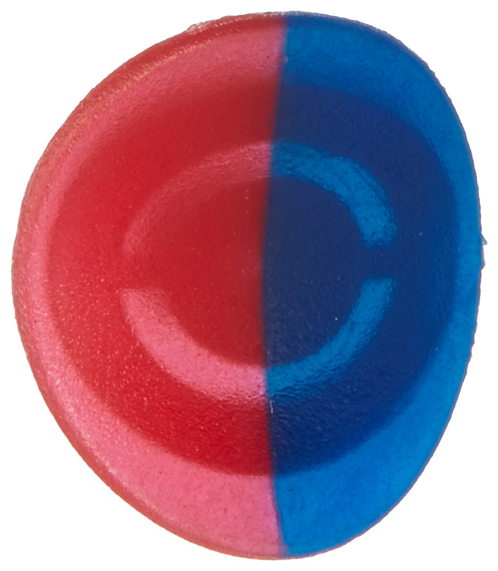 Oval button with red left half and blue right half, featuring a circular center indent.