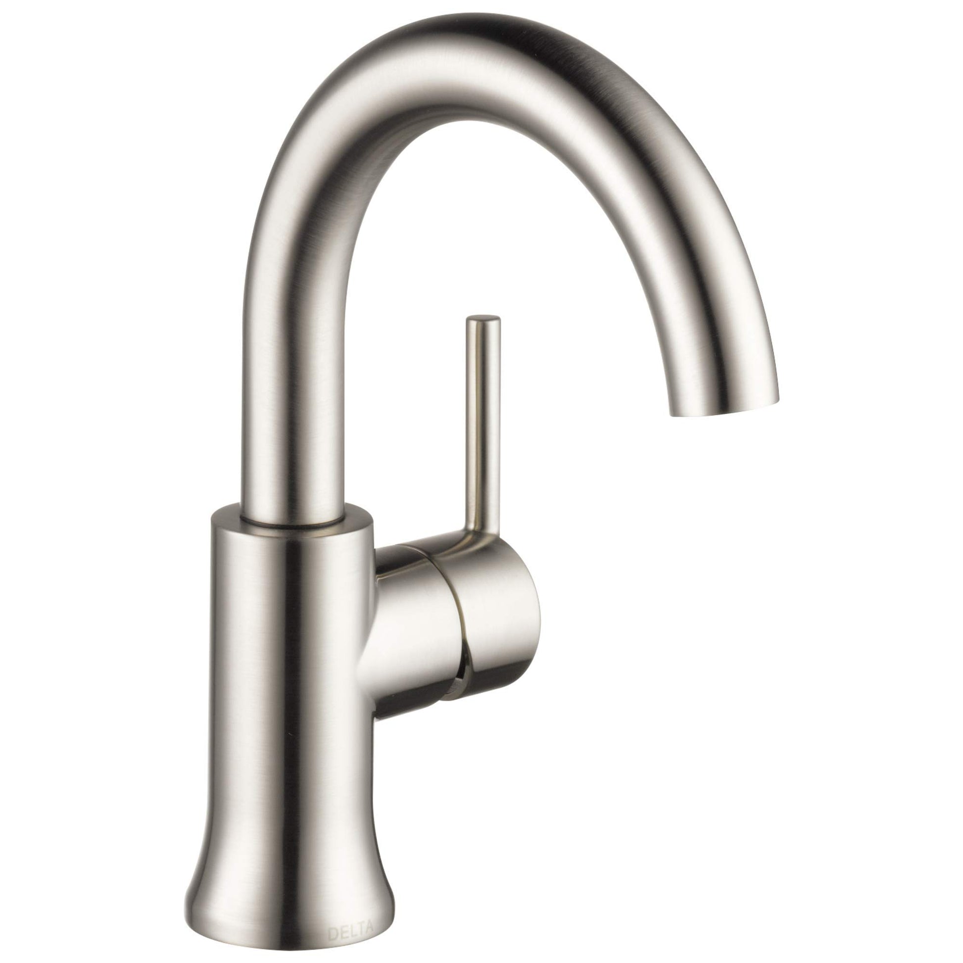 Chrome single-handle bathroom faucet with high curved spout and cylindrical lever handle.