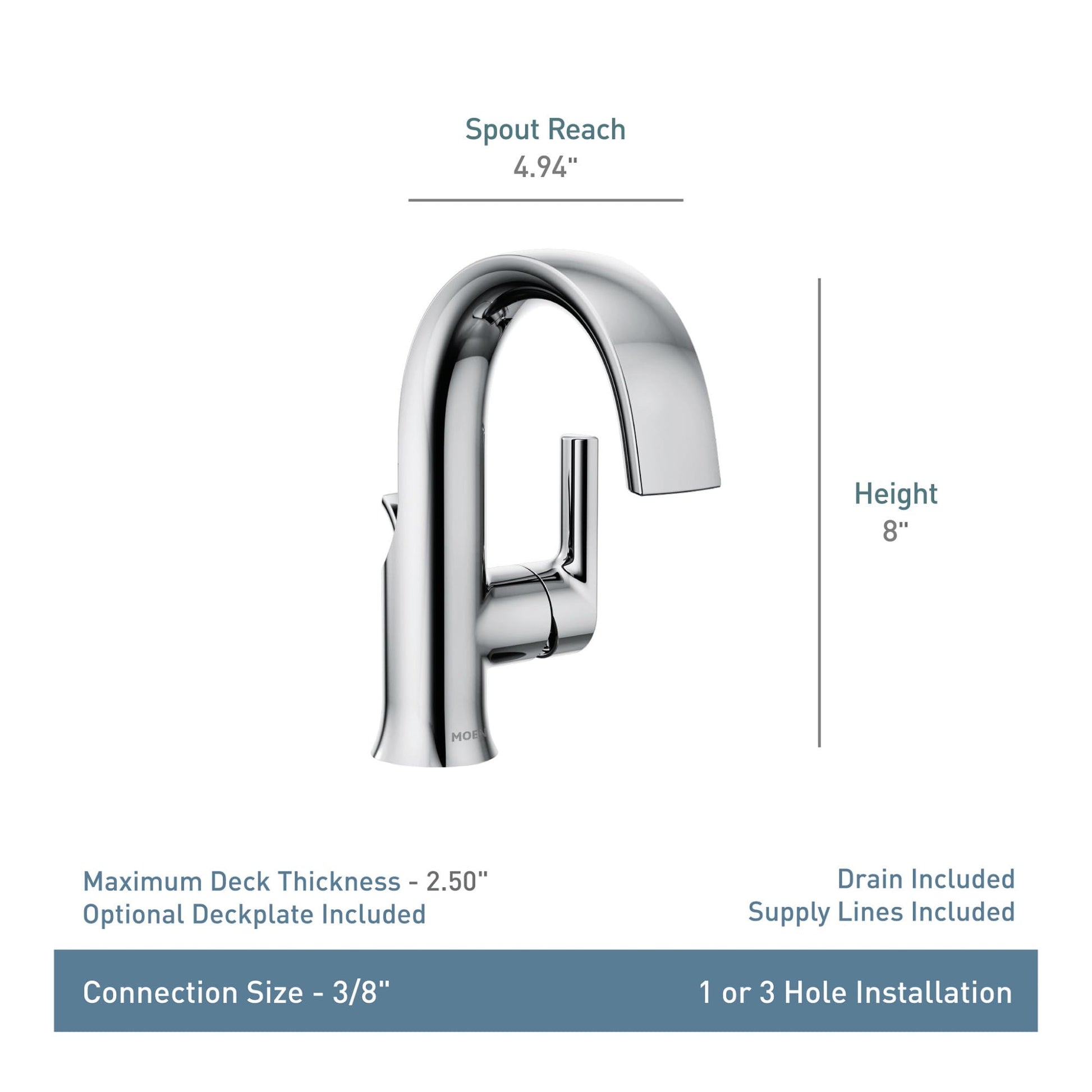 Chrome single-handle bathroom faucet with high arc spout, 8 inches tall with 4.94 inch reach.