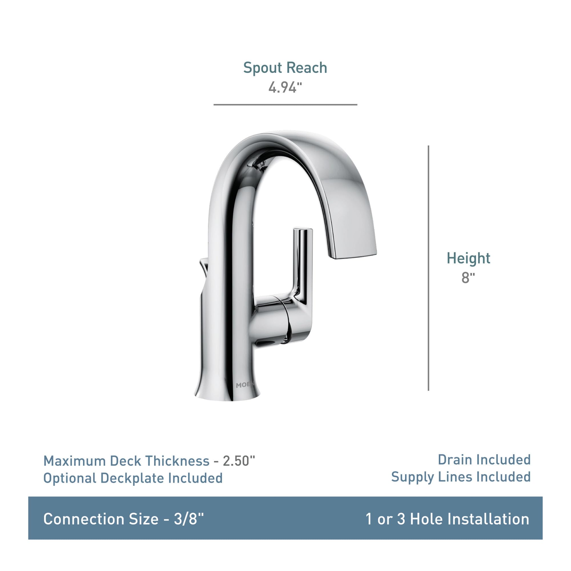 Chrome single-handle bathroom faucet with high arc spout, 8 inches tall with 4.94 inch reach.
