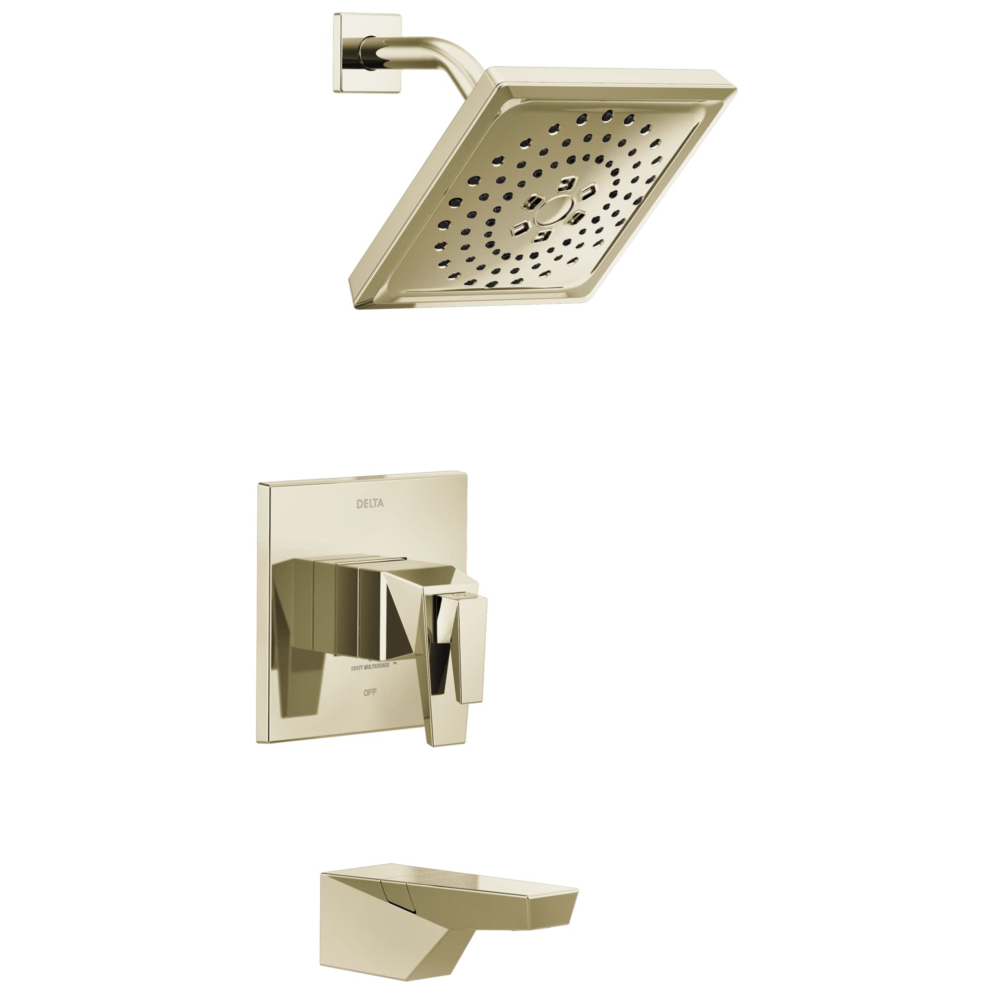 Champagne bronze tub and shower trim set with square showerhead, wall-mounted valve, and spout.