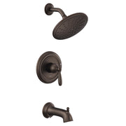 Oil rubbed bronze tub and shower trim with single lever handle, rainfall showerhead, and tub spout.