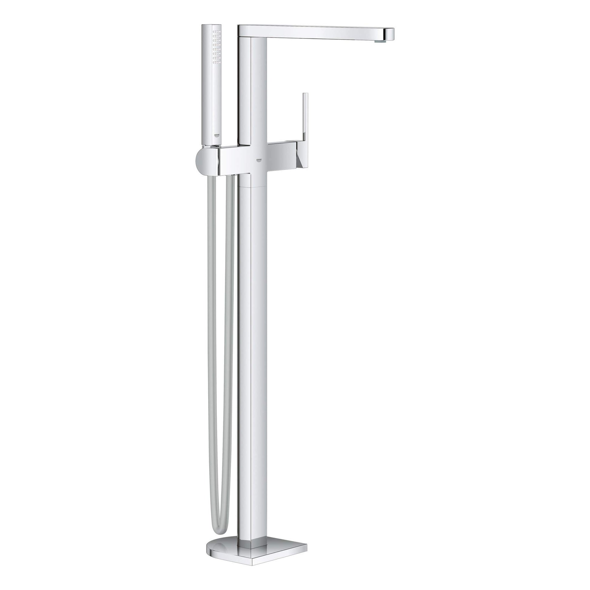 Chrome freestanding tub faucet with single handle, curved spout, and handheld shower wand on floor-mounted base.
