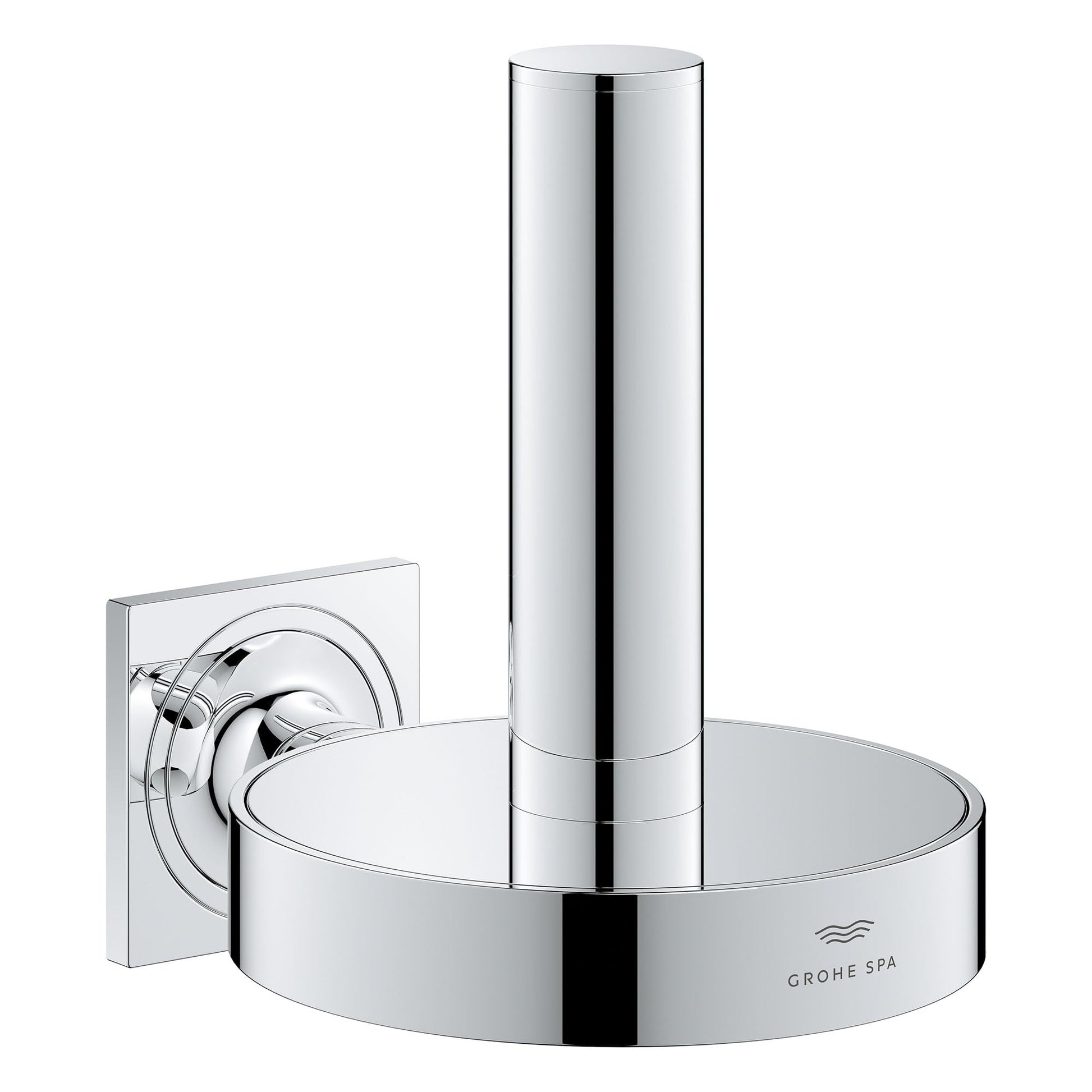 Grohe Allure Reserve toilet paper holder in polished chrome with cylindrical roll holder and round base.