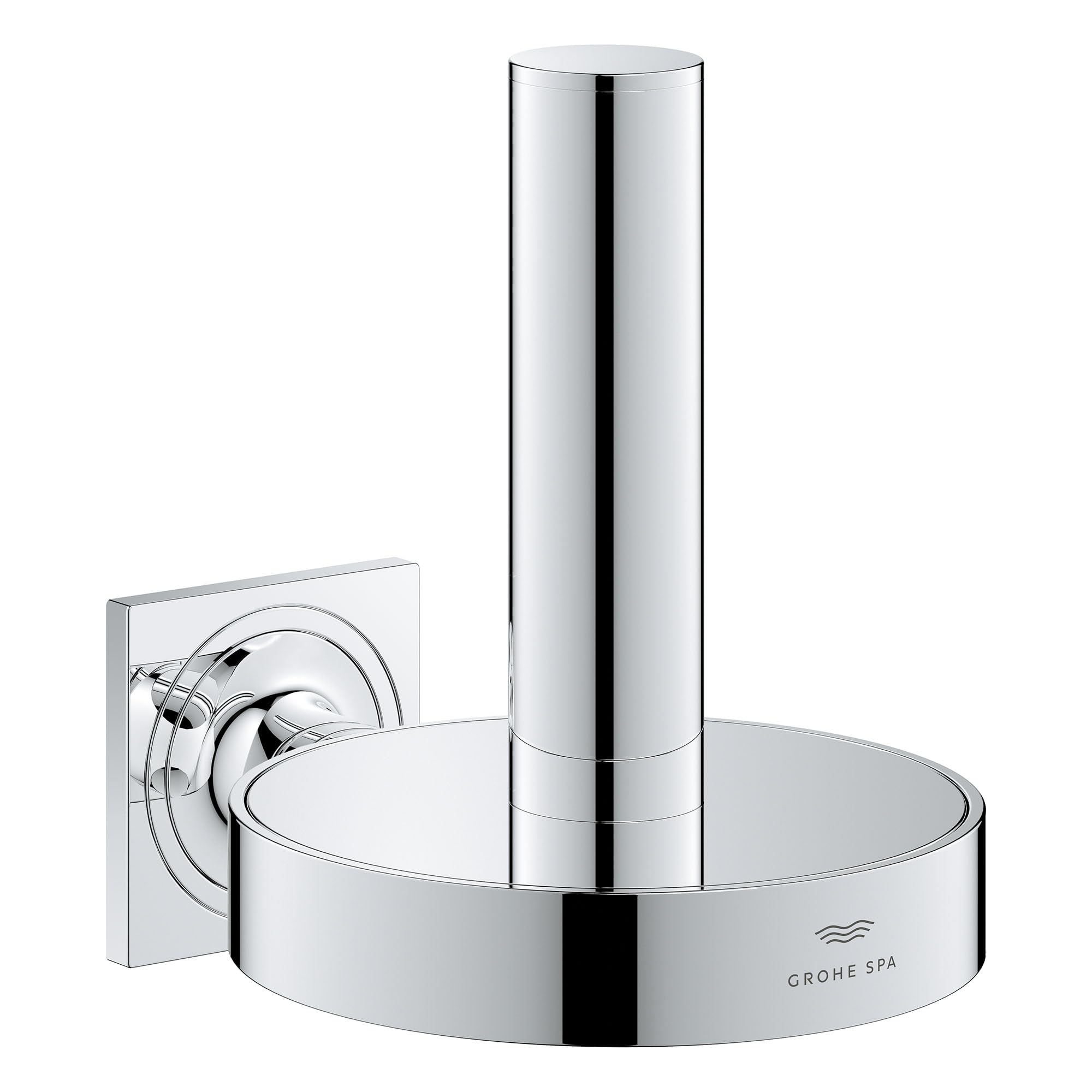 Grohe Allure Reserve toilet paper holder in polished chrome with cylindrical roll holder and round base.