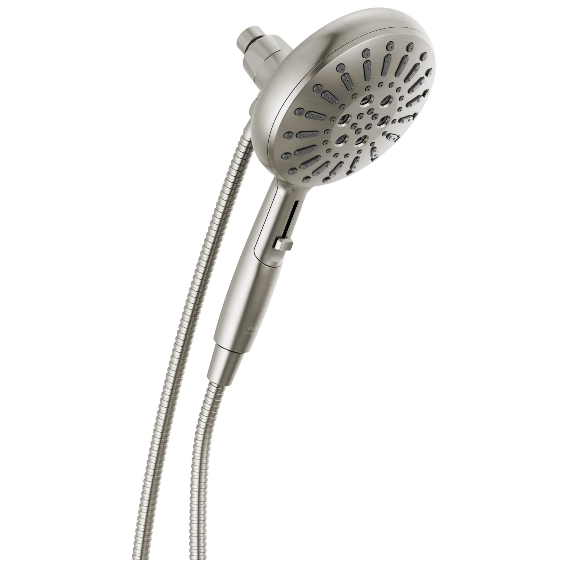 Stainless steel hand shower with perforated face and flexible hose connection.