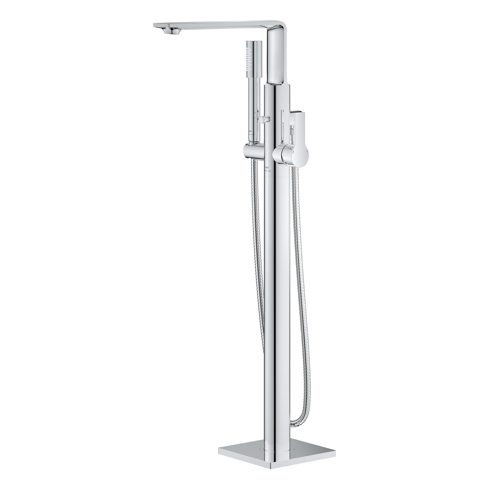 Grohe Allure brushed nickel freestanding tub faucet with single handle, spout, and detachable hand shower on vertical stand.