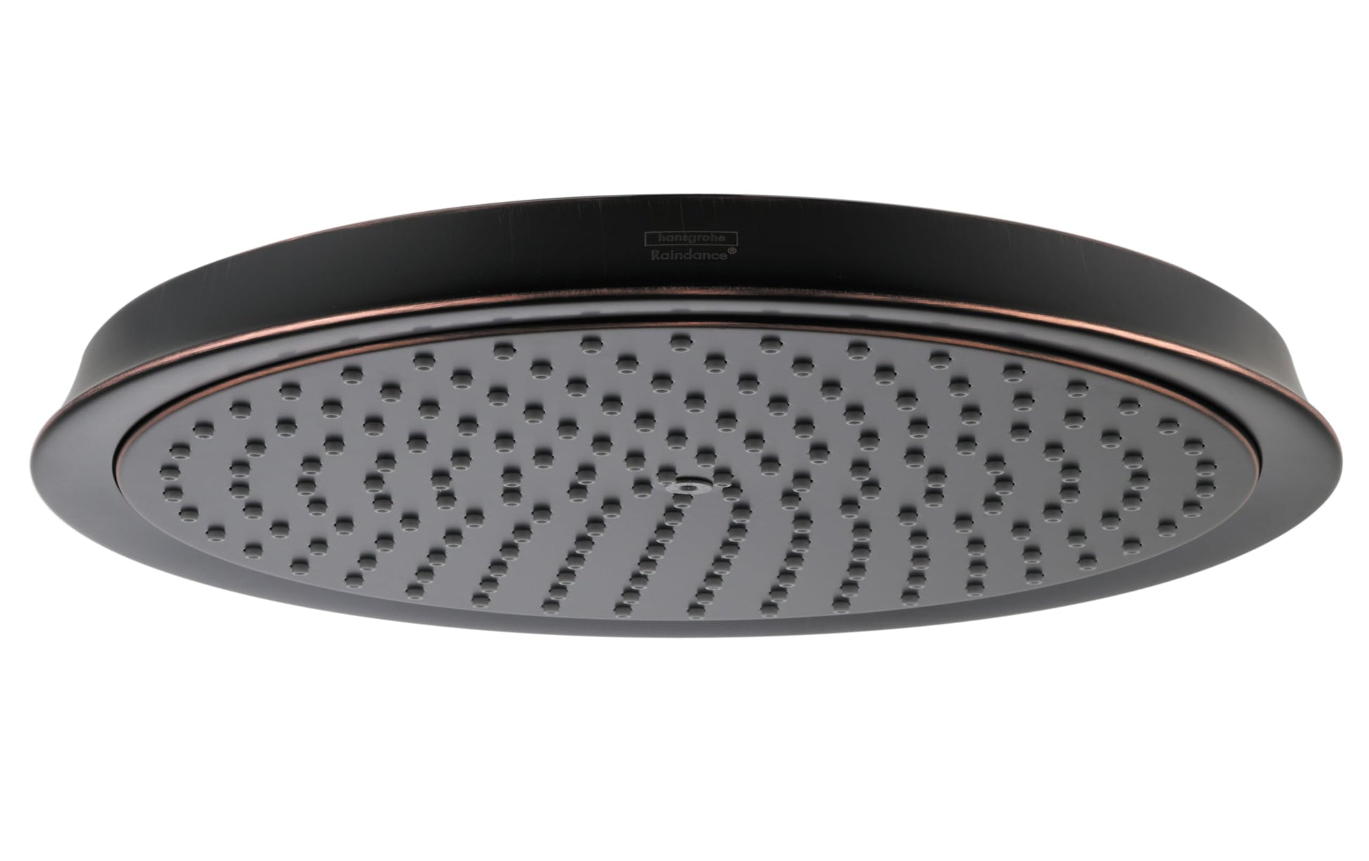 Round rubbed bronze shower head with multiple spray holes and trim ring.