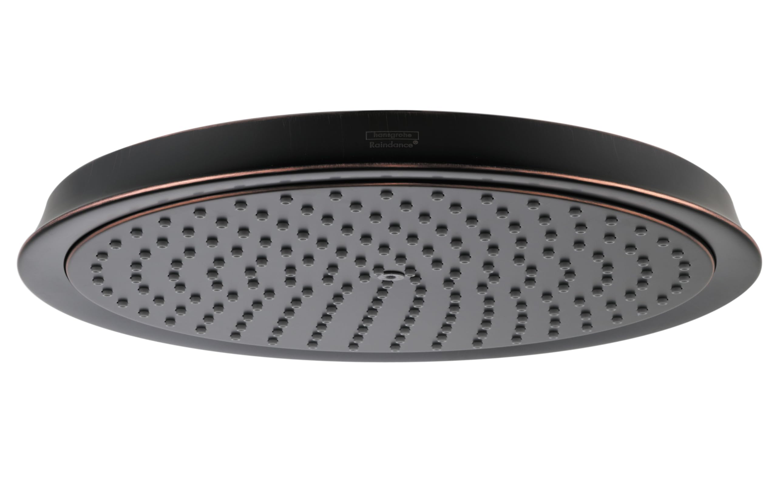Round rubbed bronze shower head with multiple spray holes and trim ring.