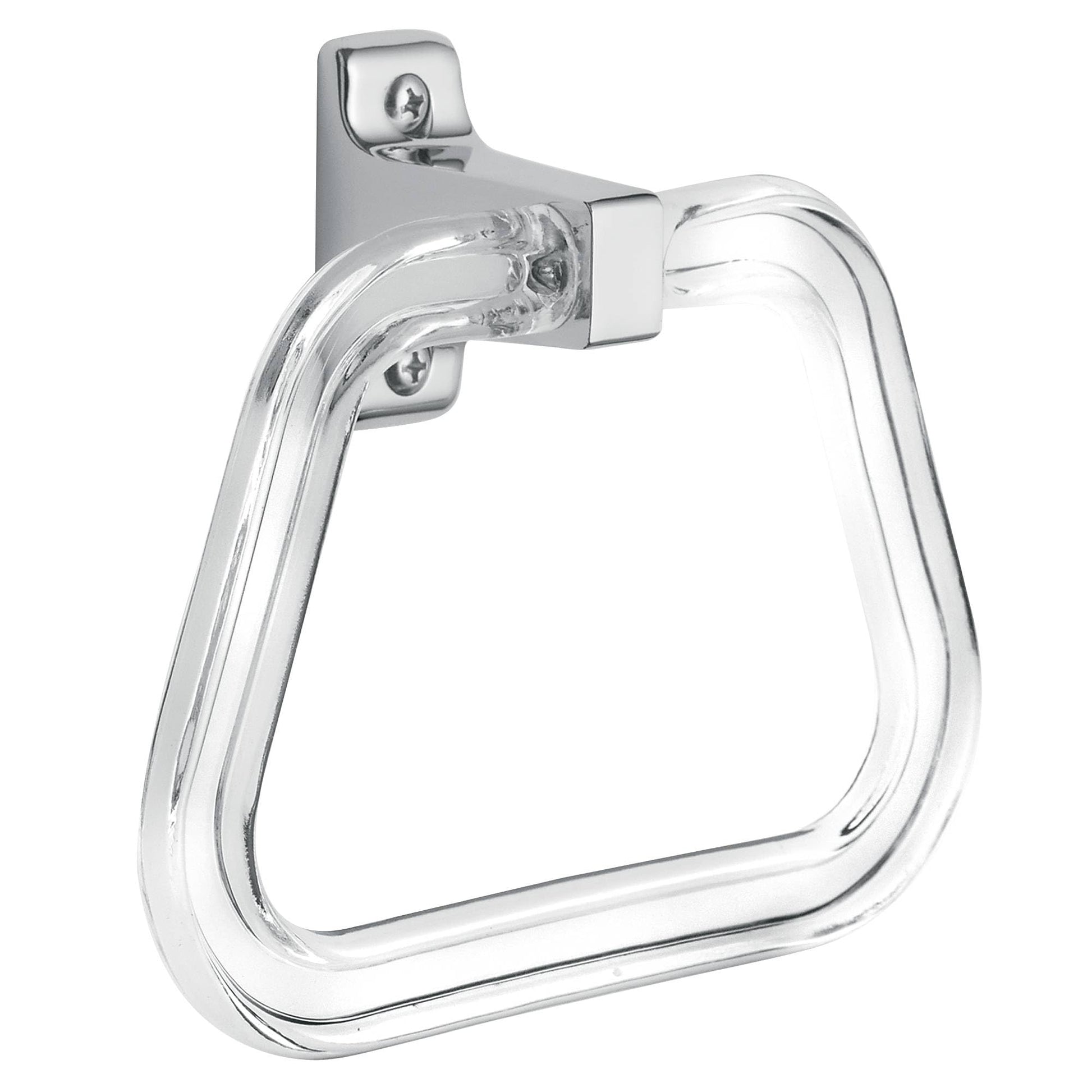 Chrome wall-mount towel ring with square mounting bracket and clear acrylic ring.