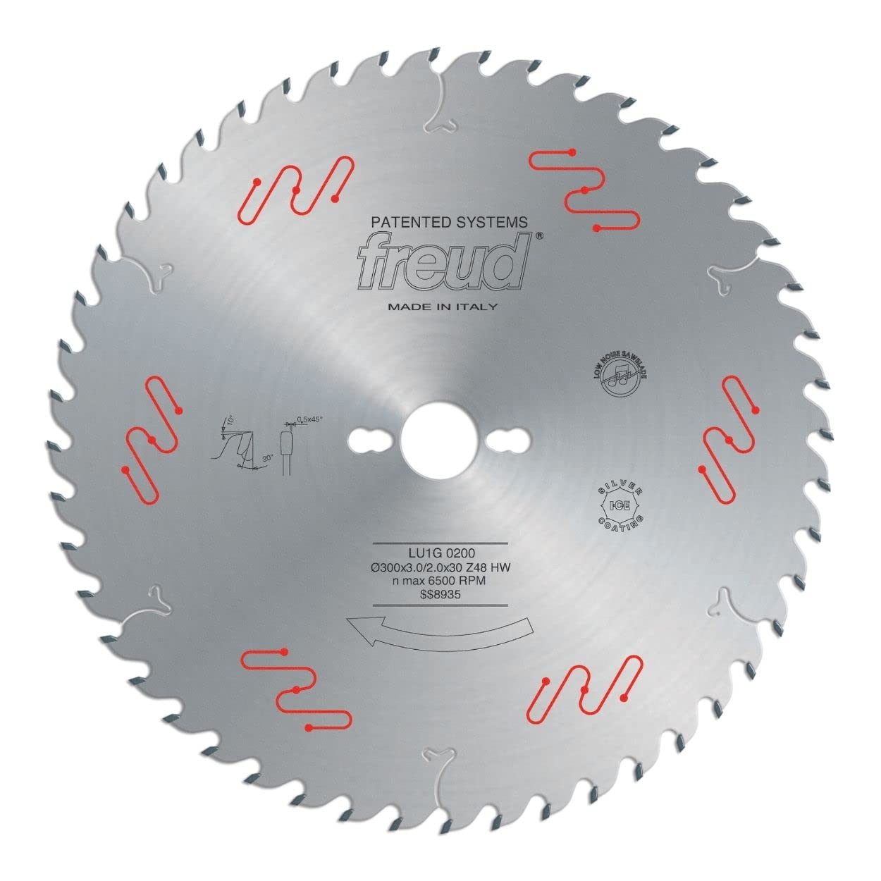 Freud 300mm carbide-tipped circular saw blade with rounded teeth and center mounting hole.
