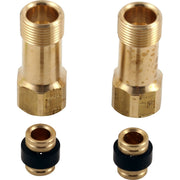 Two brass threaded check valves with male connectors on top and two smaller brass valve bodies with black rubber seals.