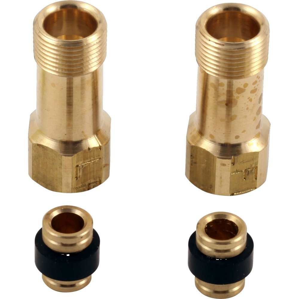 Two brass threaded check valves with male connectors on top and two smaller brass valve bodies with black rubber seals.